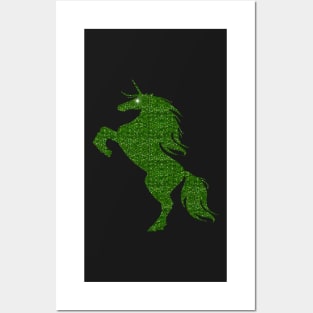 Green Faux Glitter Magical Rearing Unicorn Posters and Art
